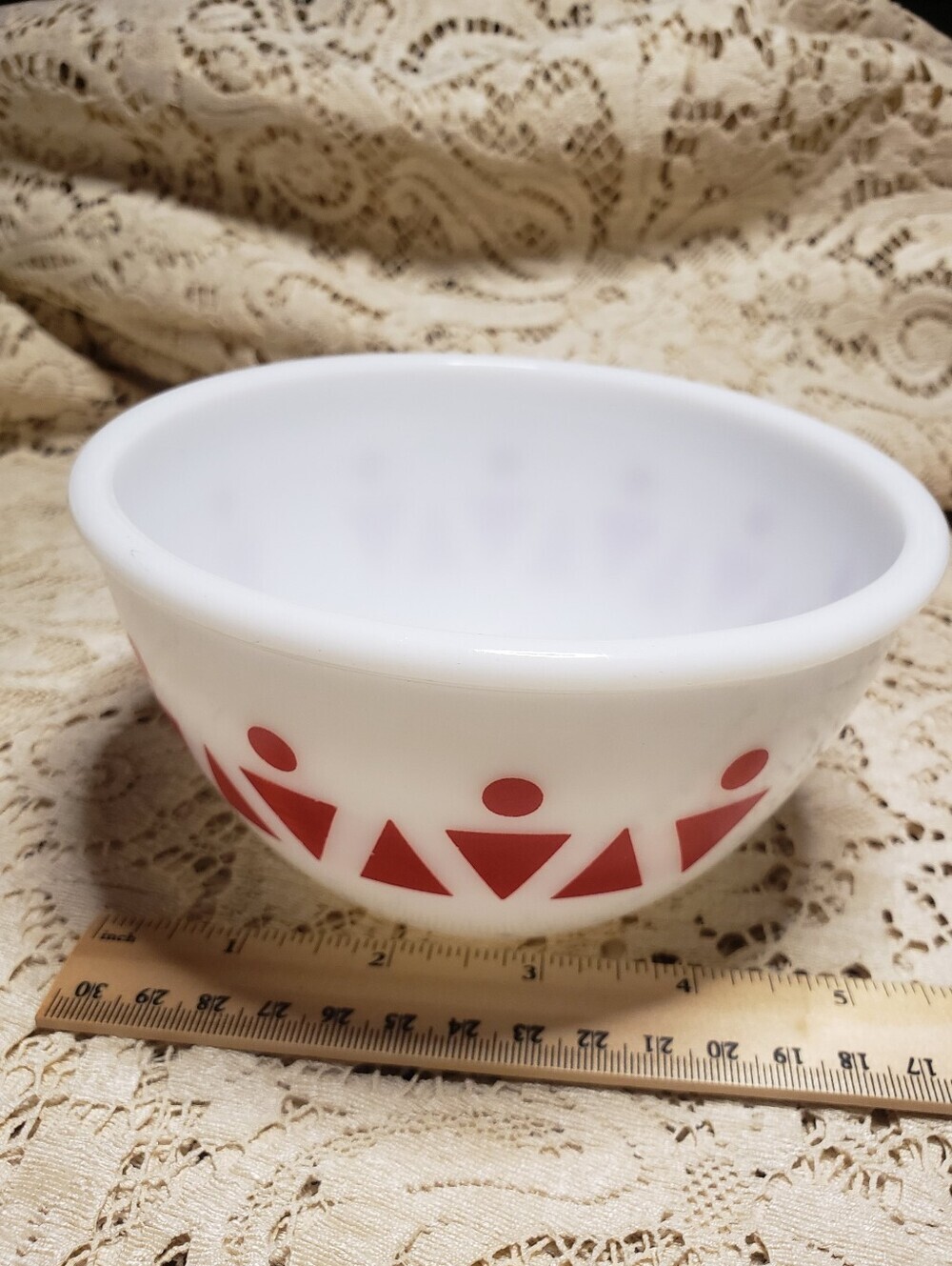 Hazel Atlas White Glass Mixing Bowl with Red Geometric Pattern